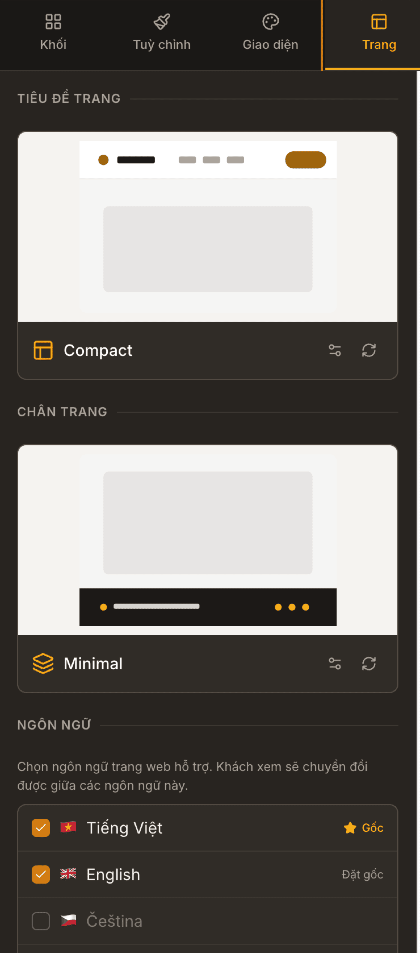 Header, chân trang & đa ngôn ngữ